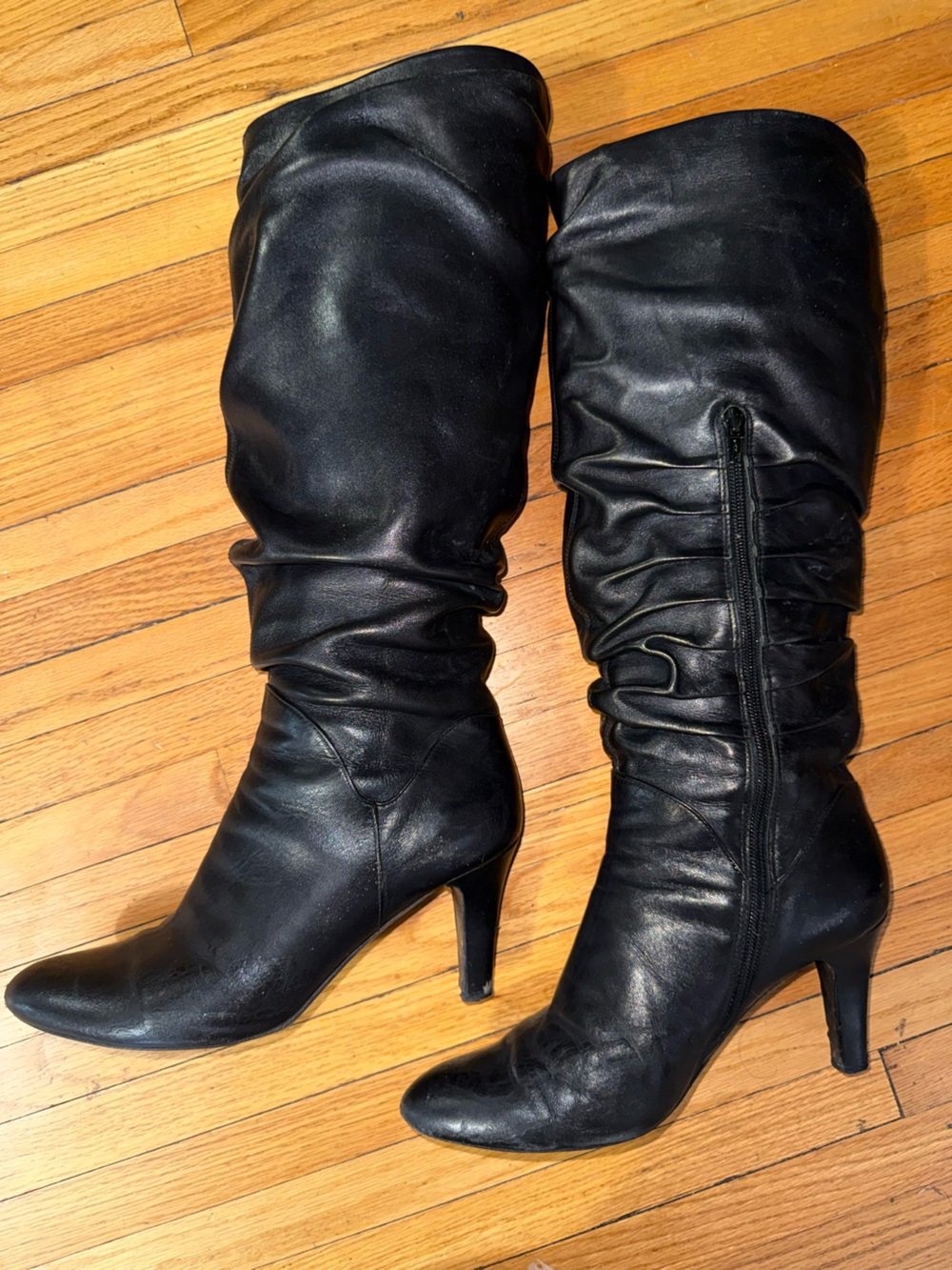 Vero Cuoio Black Ruched Leather Knee-High Heeled Boots